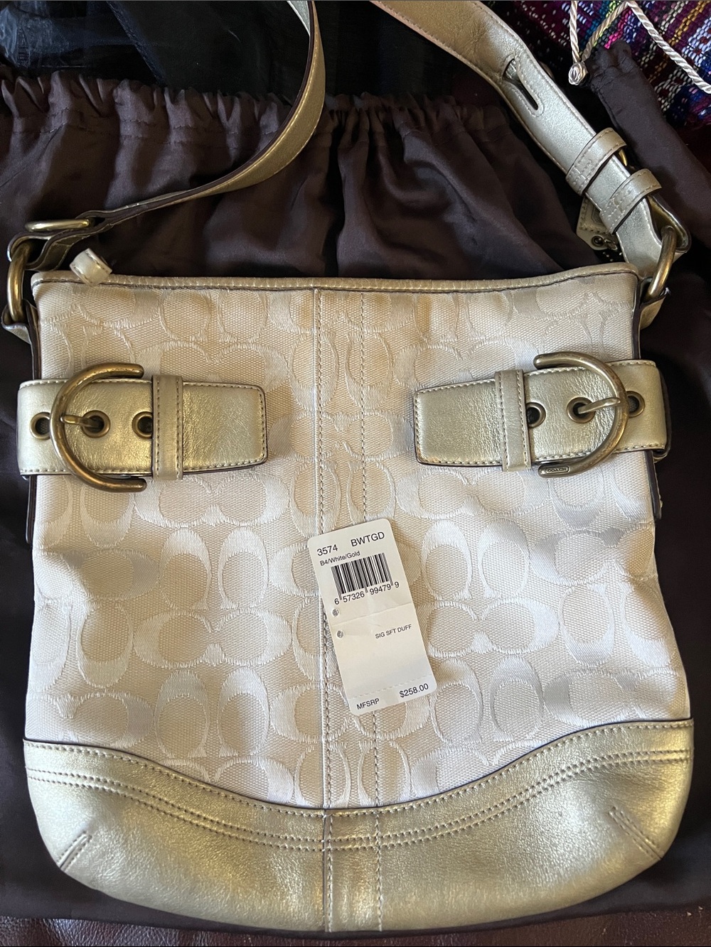 Coach White Signature Canvas Shoulder Bag with Gold Trim